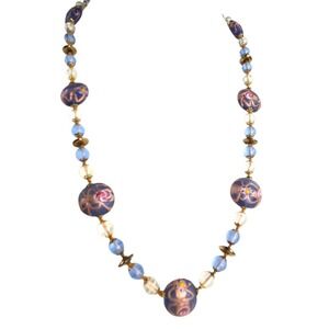 Vintage Murano Frosted Hand Painted Glass Wedding Cake Beaded‎ Necklace 25" Blue